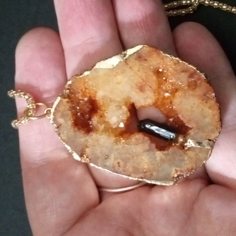 Druzy Orange Quartz Slice With Black Tourmaline Pendant Q5477